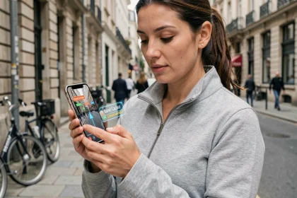 Femme utilisant une application de navigation en réalité augmentée sur smartphone en ville