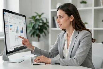 Femme professionnelle en blazer gris travaillant sur une présentation PowerPoint épurée devant un grand écran dans un bureau minimaliste
