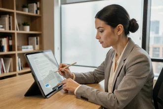 Femme professionnelle utilisant une tablette Android avec stylet pour le travail dans un bureau moderne et minimaliste