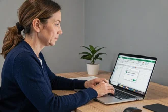 Femme au bureau protégeant une feuille Excel avec un mot de passe sur son ordinateur portable