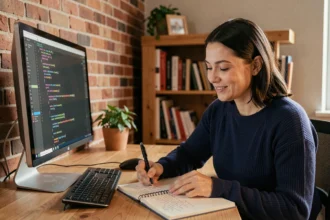 Femme en reconversion professionnelle étudiant le code informatique dans un bureau à domicile moderne et chaleureux