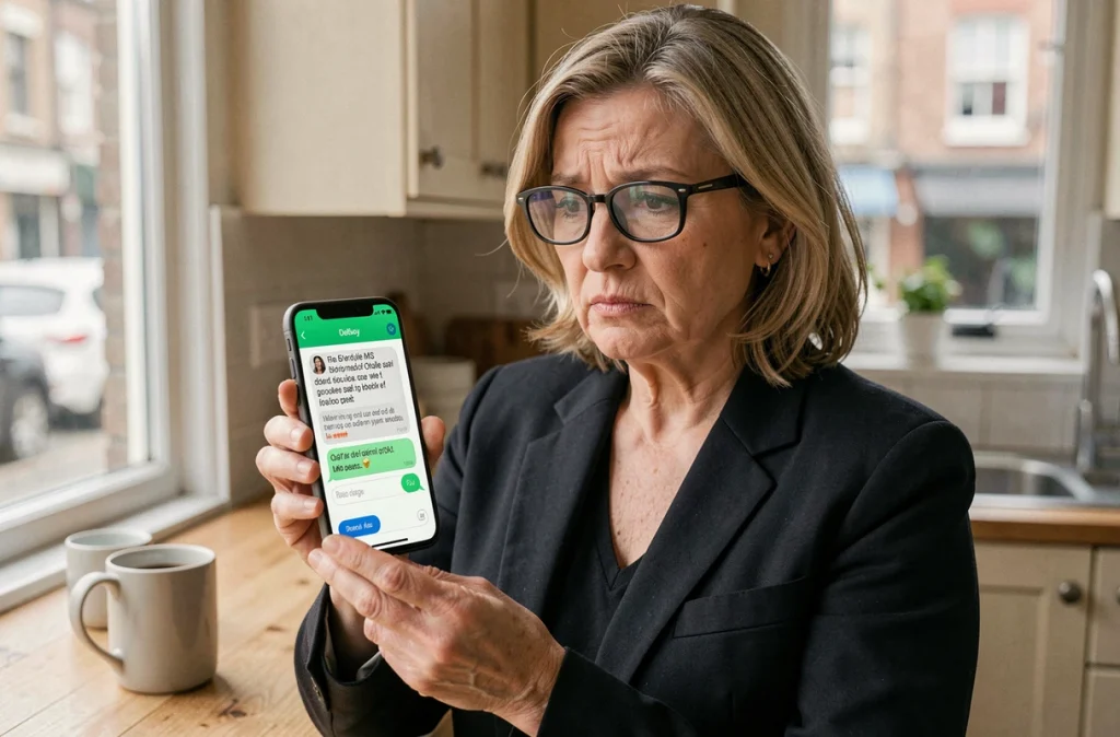 Une femme à lunettes examinant un SMS frauduleux de phishing sur son smartphone dans sa cuisine