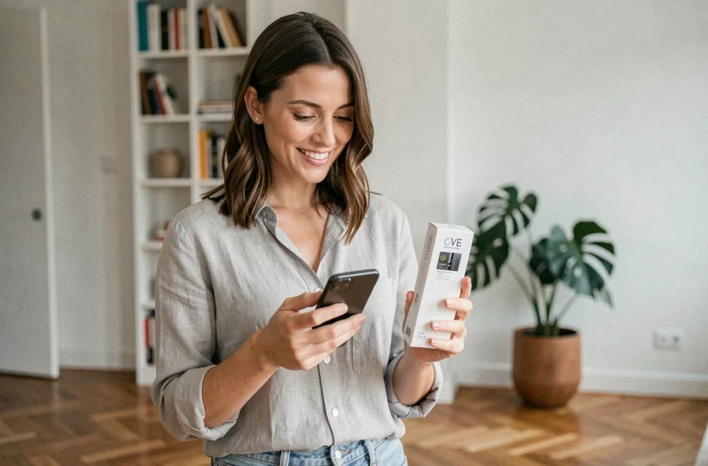 Femme tenant un téléphone reconditionné certifié dans un appartement moderne