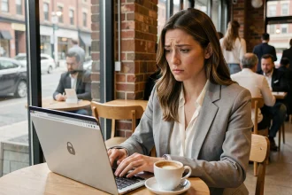Femme utilisant un ordinateur portable sur un réseau wifi public dans un café, illustrant les risques de sécurité des données personnelles