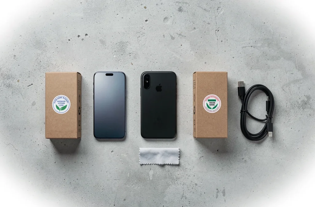 Flat lay de smartphones reconditionnés avec emballages écologiques et certification française
