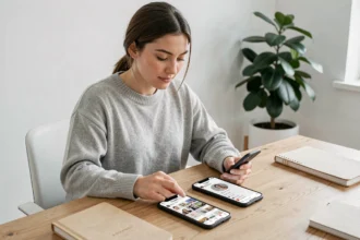 Jeune femme gérant deux comptes Instagram sur deux smartphones posés côte à côte sur un bureau en bois