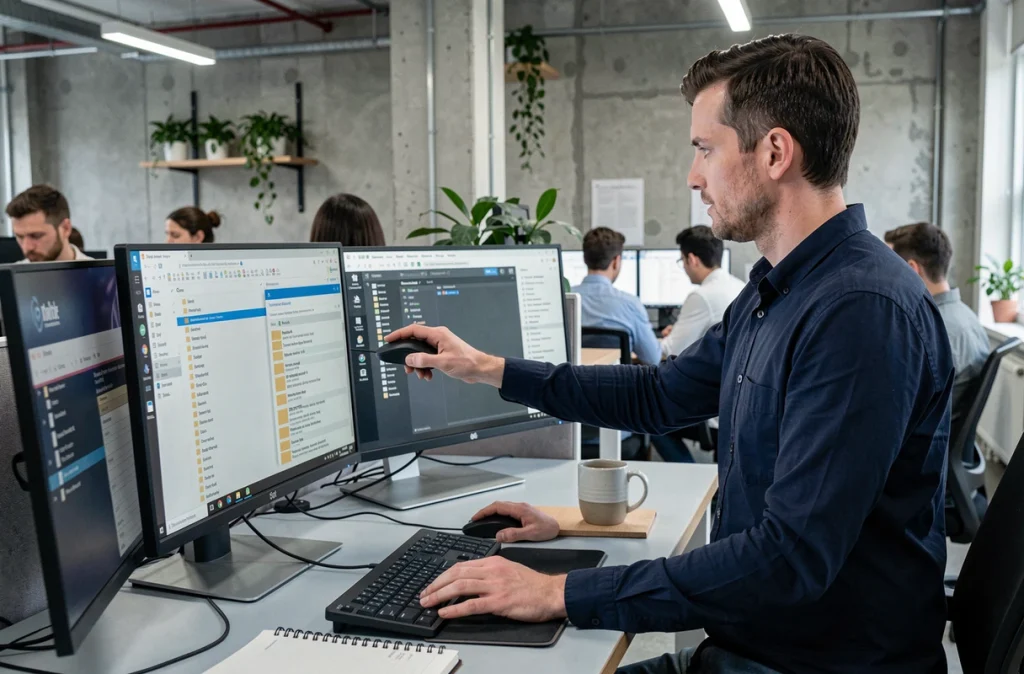 Homme consultant une arborescence de fichiers numériques sur un double écran dans un open space professionnel moderne