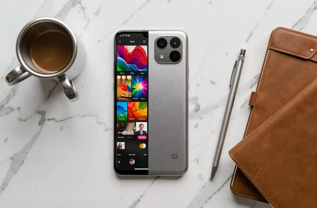 Vue de dessus du Google Pixel 9 Pro XL posé sur marbre blanc avec carnet et café, style mise en scène produit minimaliste