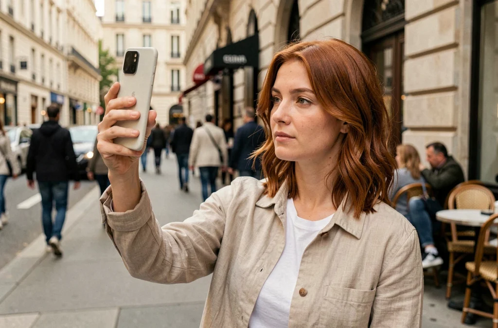 Femme utilisant le Google Pixel 9 Pro XL pour photographier une rue animée, mettant en valeur les capacités photo du smartphone