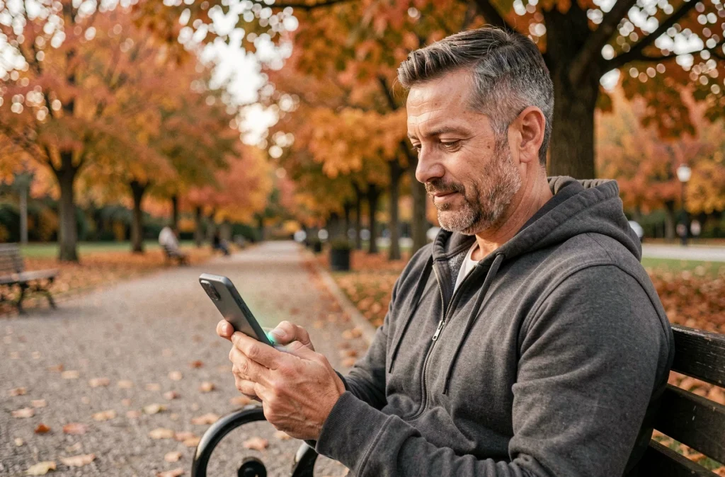 Homme consultant ses photos sur le Google Pixel 9 Pro XL assis dans un parc en automne, usage quotidien après trois mois de test