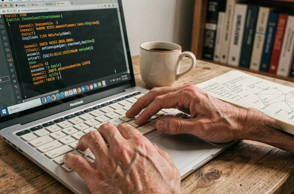 Gros plan sur les mains d'un expert en sécurité analysant un code d'exploit sur un terminal informatique