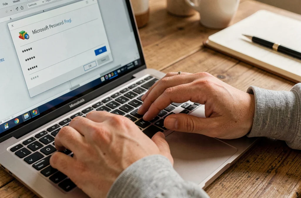 Gros plan de mains tapant un mot de passe dans une boîte de dialogue Excel sur un ordinateur portable