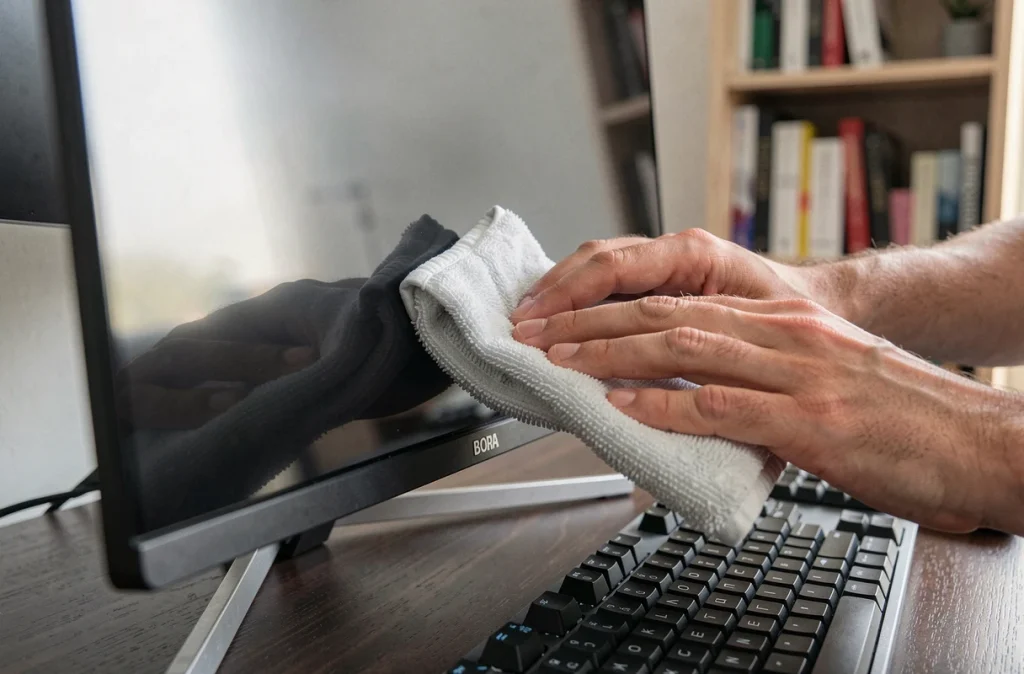 Gros plan sur des mains essuyant un grand écran d'ordinateur avec un chiffon antistatique pour éviter les traces