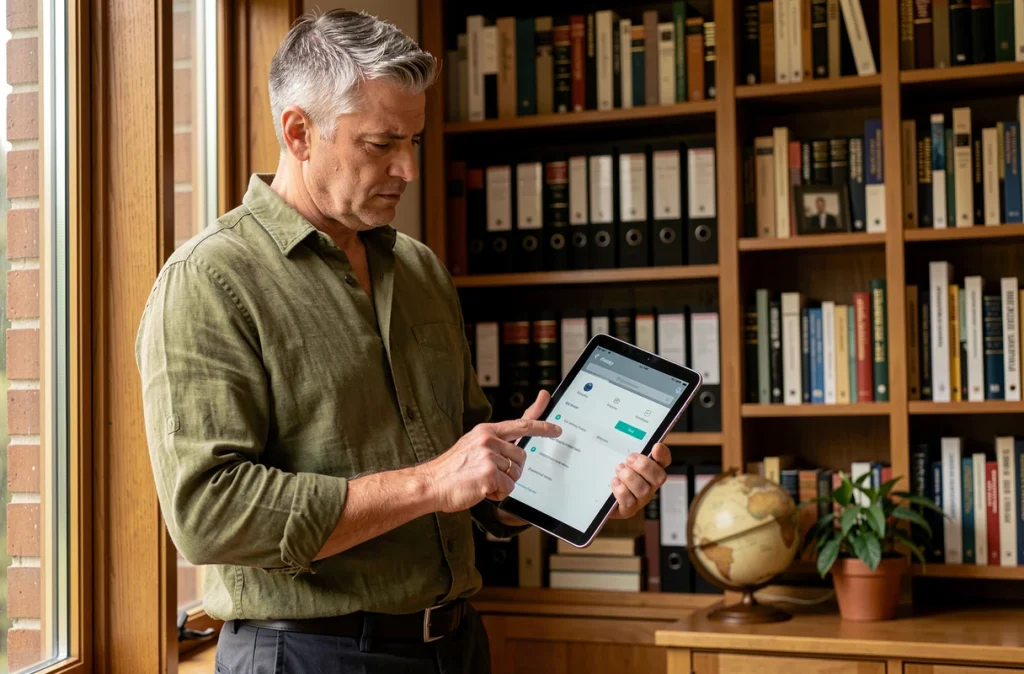 Homme d'affaires consultant une tablette Android haut de gamme dans une bibliothèque de bureau à domicile