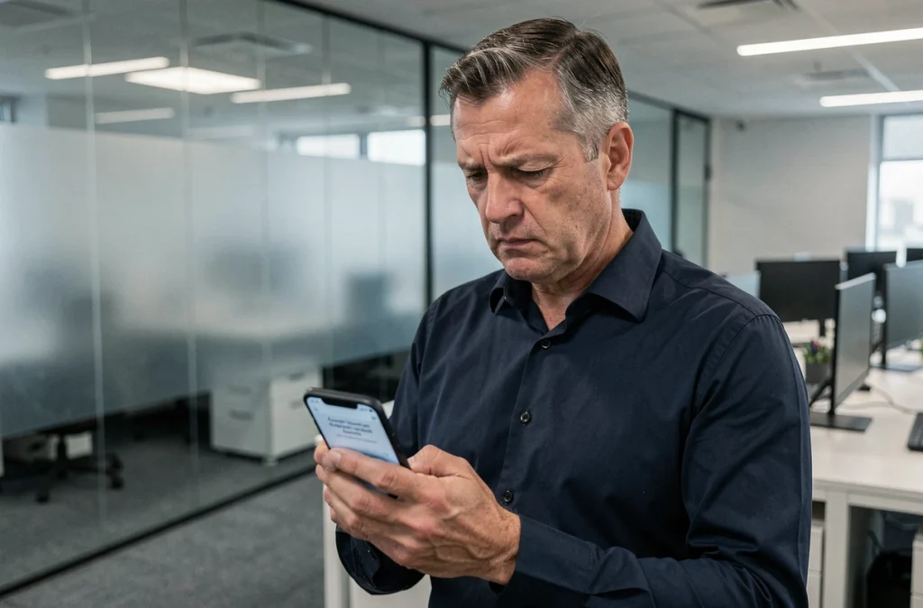Homme d'affaires consulant une alerte de violation de compte sur son smartphone dans un bureau moderne