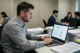 Un homme au bureau scrutant un email de phishing sur son ordinateur portable avec une fausse page bancaire à l'écran