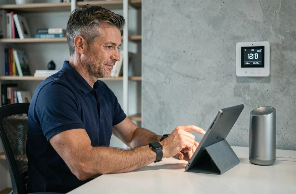 Homme en télétravail entouré d'objets connectés montre intelligente tablette et enceinte dans un bureau moderne