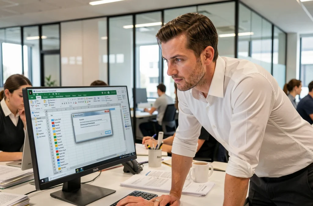 Homme en entreprise configurant la protection par mot de passe d'une feuille de calcul Excel sur un grand écran