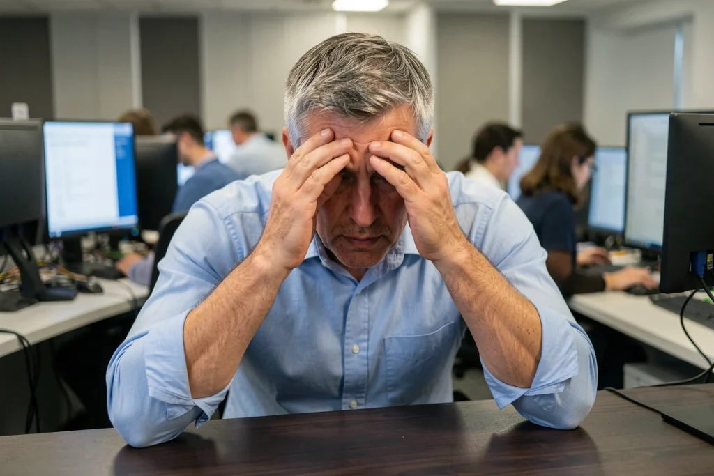 Homme se frottant les yeux devant un double écran PC dans un bureau professionnel en open space