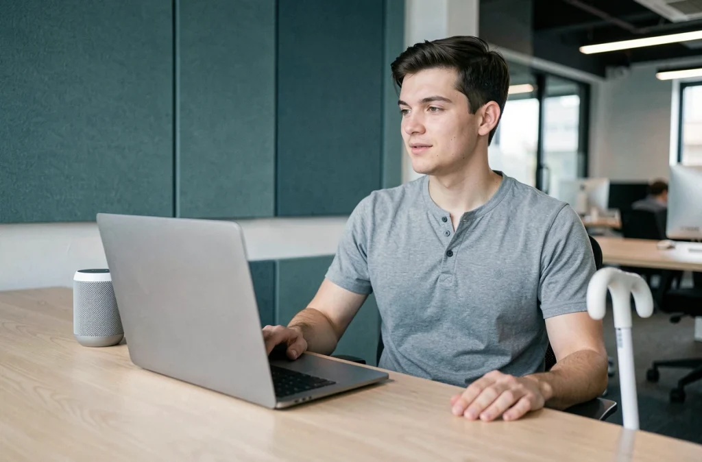 Un homme malvoyant utilise un assistant vocal au bureau pour naviguer numériquement grâce aux technologies d'accessibilité