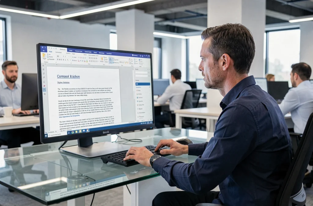 Homme en open-space utilisant les styles de titres et de paragraphes dans Word pour structurer un document
