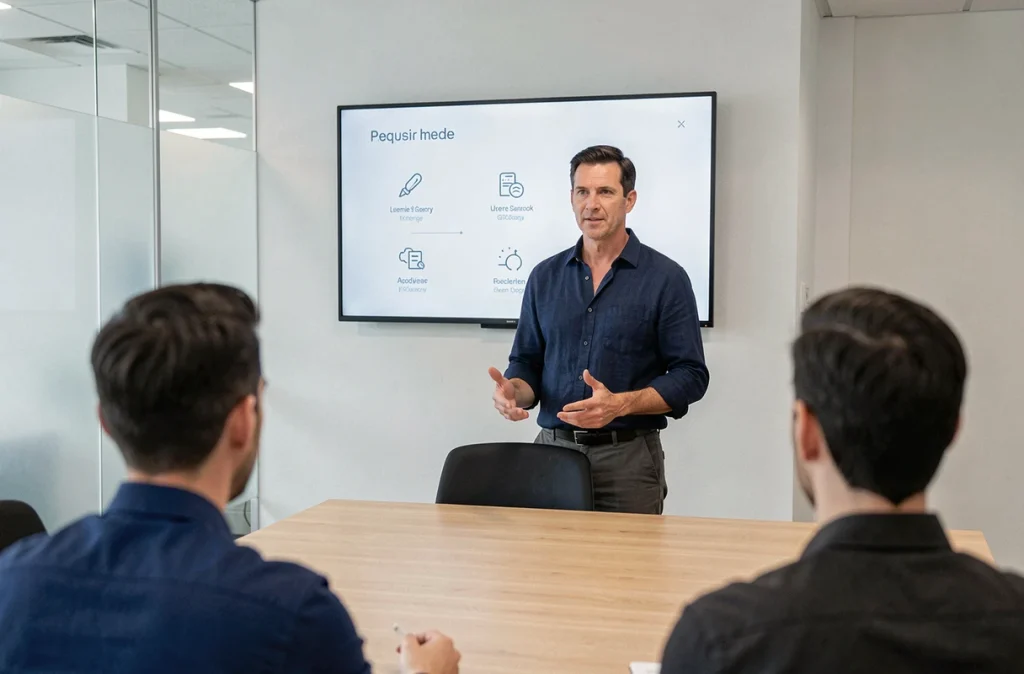 Homme présentant des diapositives PowerPoint claires et épurées à des collègues dans une salle de réunion moderne avec écran mural
