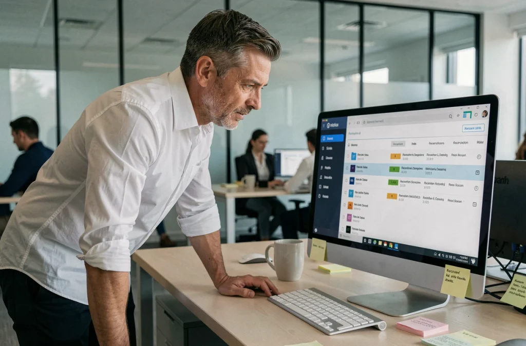 Homme d'affaires récupérant un document perdu via l'interface d'historique des versions sur un écran d'ordinateur de bureau