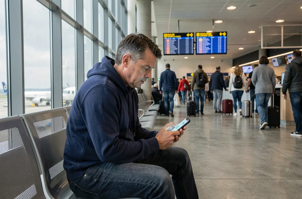 Homme connecté à un réseau wifi public dans un aéroport, exposant ses données personnelles sur son smartphone