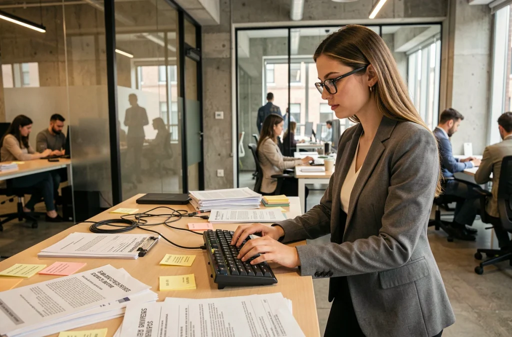 Ingénieure en sécurité informatique travaillant en urgence sur l'exploitation d'une faille logicielle dans un open space