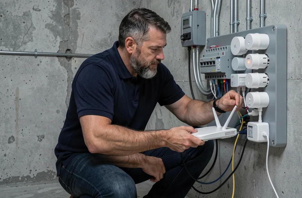 Homme inspectant des appareils IoT connectés et un routeur Wi-Fi dans un local technique résidentiel
