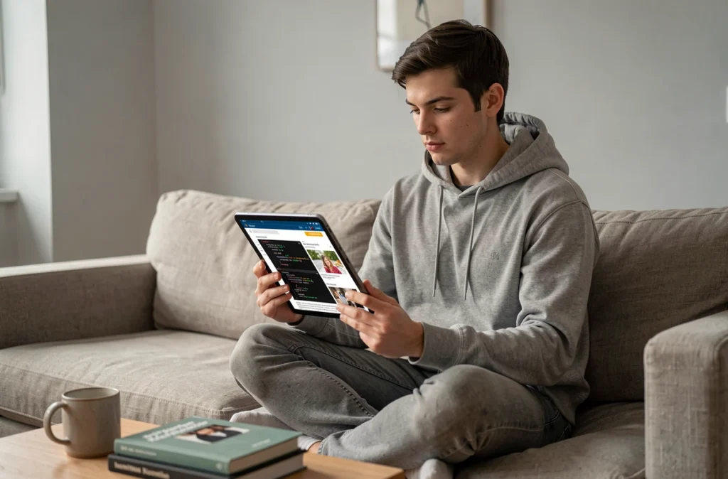 Jeune adulte s'inspirant d'un blog technologique sur une tablette pour planifier sa reconversion dans la tech