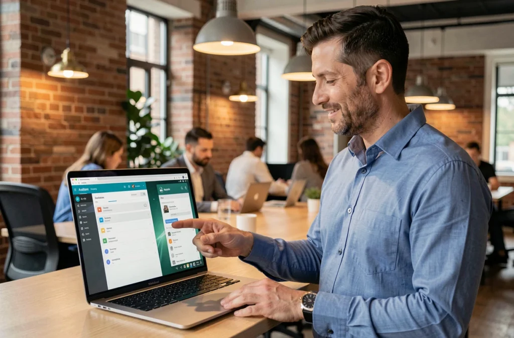Homme en espace de coworking expliquant comment gérer les paramètres de sécurité Android pour installer un fichier APK