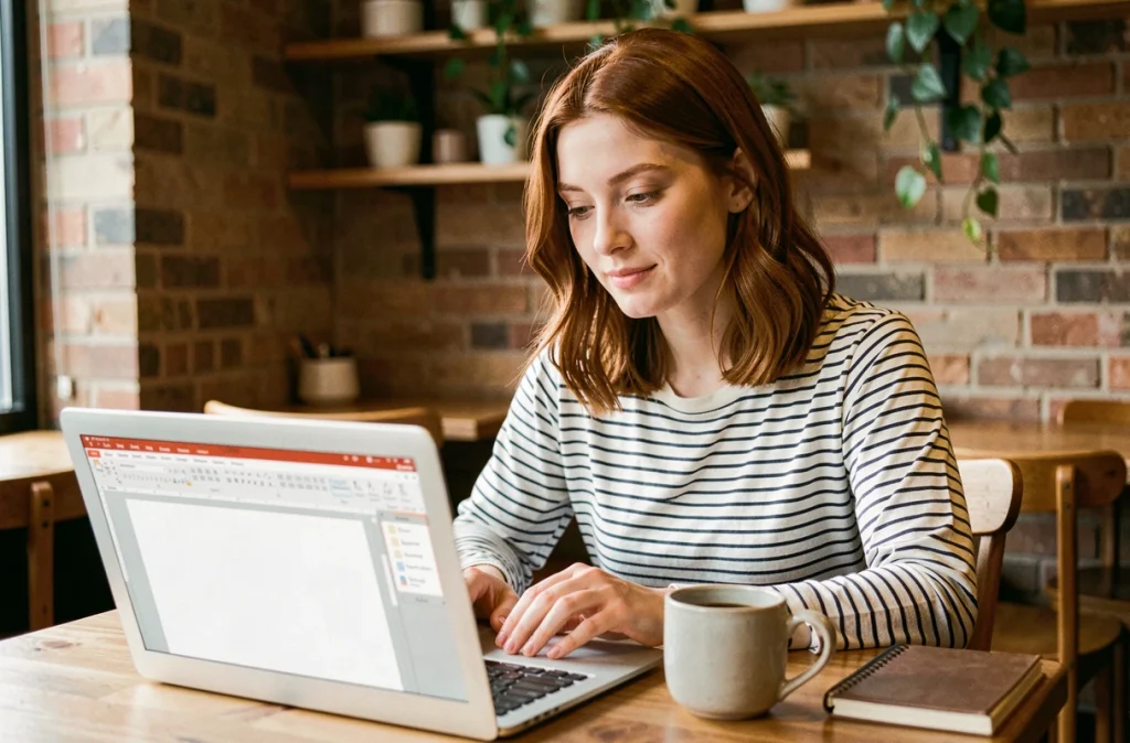 Jeune femme créant une présentation PowerPoint minimaliste sur son ordinateur portable dans un café chaleureux avec mur en briques