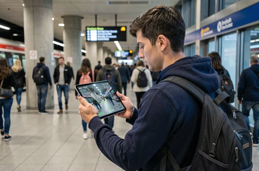 Jeune homme utilisant une tablette avec réalité augmentée pour naviguer dans une station de métro
