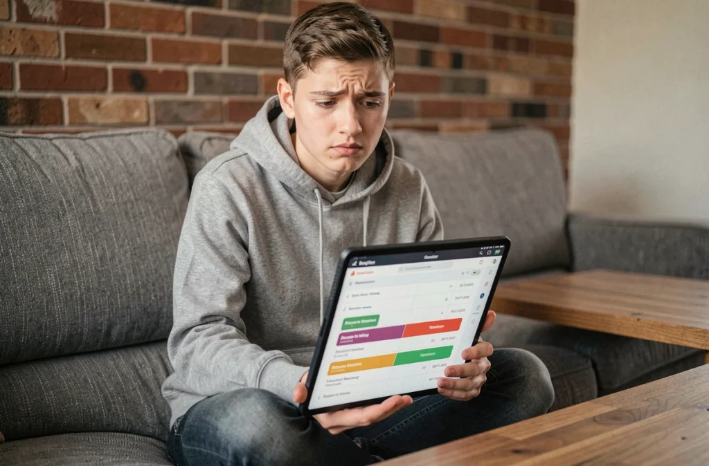 Jeune adulte utilisant une tablette pour restaurer un document à partir de l'historique des versions dans un salon