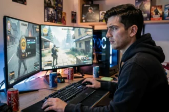 Joueur de CS débutant frustré devant ses écrans avec un rang bas visible, illustrant les erreurs de progression en Grade CS