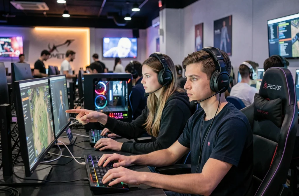 Deux joueurs CS débutants dans un gaming café analysant leurs statistiques de match et heatmaps pour identifier leurs erreurs de progression cachées