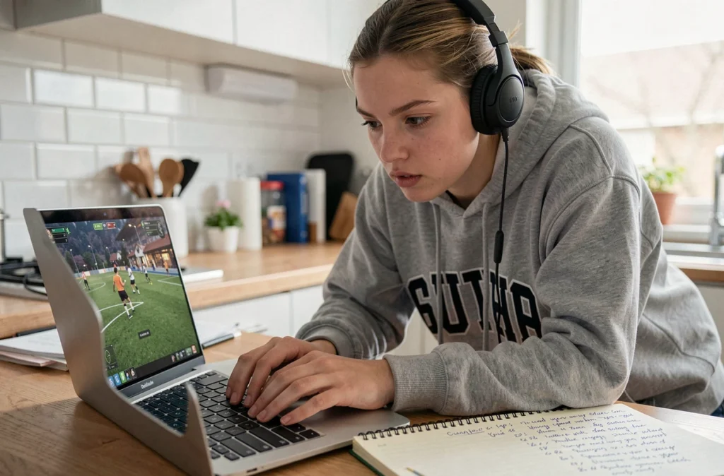 Joueuse CS débutante analysant un replay de match sur ordinateur portable avec des notes manuscrites, cherchant à corriger ses erreurs de jeu