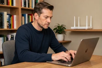 Homme consultant le mode d'emploi de la Box SFR Fibre en ligne sur un ordinateur portable dans un bureau à domicile