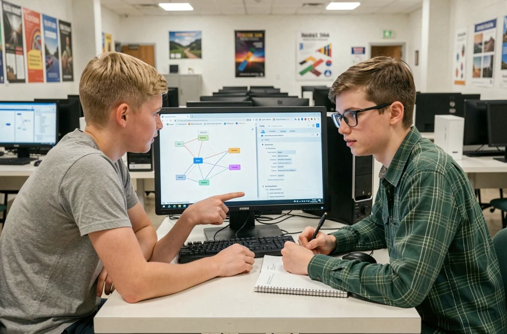 Deux lycéens comparant internet et le web sur un ordinateur de salle informatique scolaire