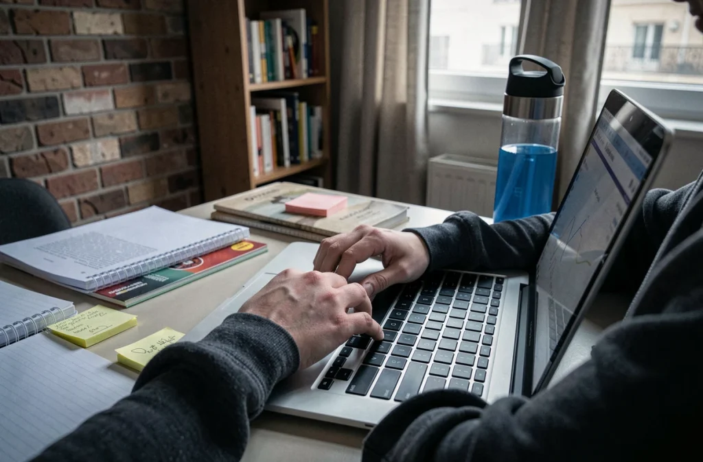 Mains d'un jeune adulte tapant sur un clavier d'ordinateur portable, évoquant les risques du vol d'identité en ligne
