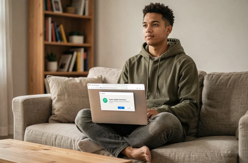 Jeune adulte installant une mise à jour de sécurité sur son ordinateur portable depuis son canapé dans un salon confortable