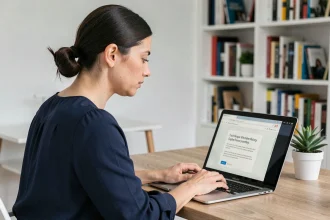 Femme concentrée lisant une notification de mise à jour logicielle sur son ordinateur portable dans un bureau à domicile moderne