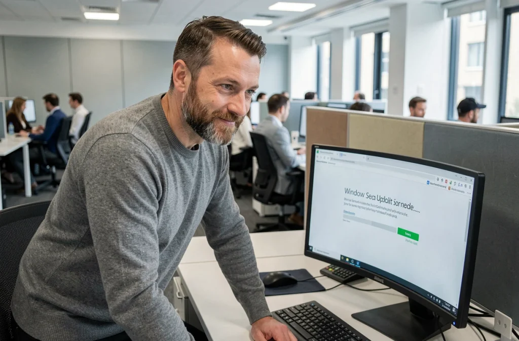 Homme en entreprise surveillant l'installation d'une mise à jour de sécurité Windows sur un ordinateur de bureau