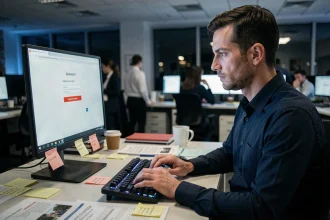 Homme tapant un mot de passe sur un ordinateur avec un message d'erreur rouge affiché à l'écran dans un bureau sombre