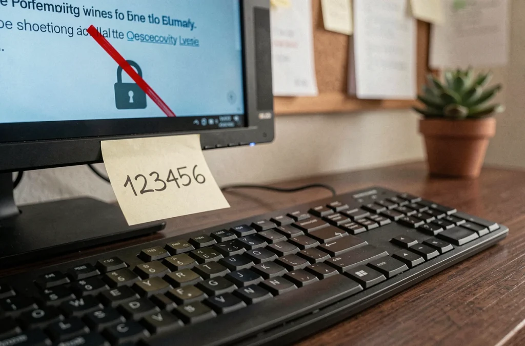 Gros plan d'un clavier avec un post-it affichant un mot de passe simple collé sur un écran montrant une alerte de sécurité informatique