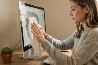Femme nettoyant un écran d'ordinateur de bureau avec un chiffon microfibre blanc dans un bureau à domicile soigné