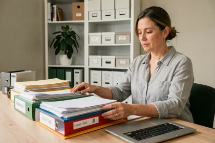 Femme organisant des dossiers bureautiques classés par couleur sur un bureau en bois dans un bureau à domicile moderne