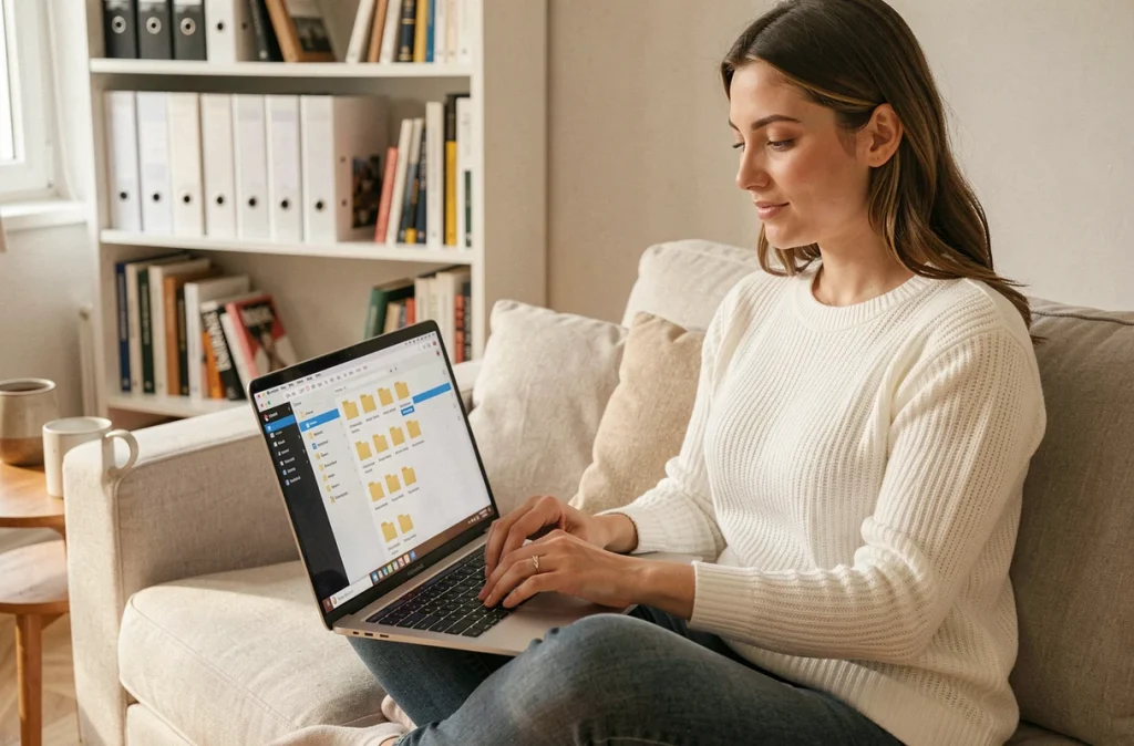 Jeune femme organisant ses fichiers numériques sur un laptop depuis son salon avec une décoration scandinave épurée