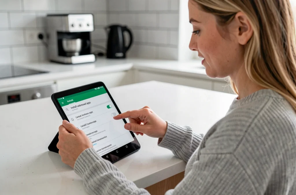 Femme consultant les paramètres Android pour autoriser l'installation d'applications APK depuis des sources inconnues
